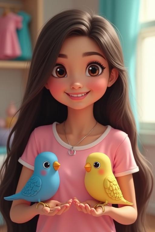 A girl with long dark brown hair and a bright smile holds a blue bird and a yellow bird. She wears a light pink shirt. The background is a clean girl’s room. The style is animated and cheerful.