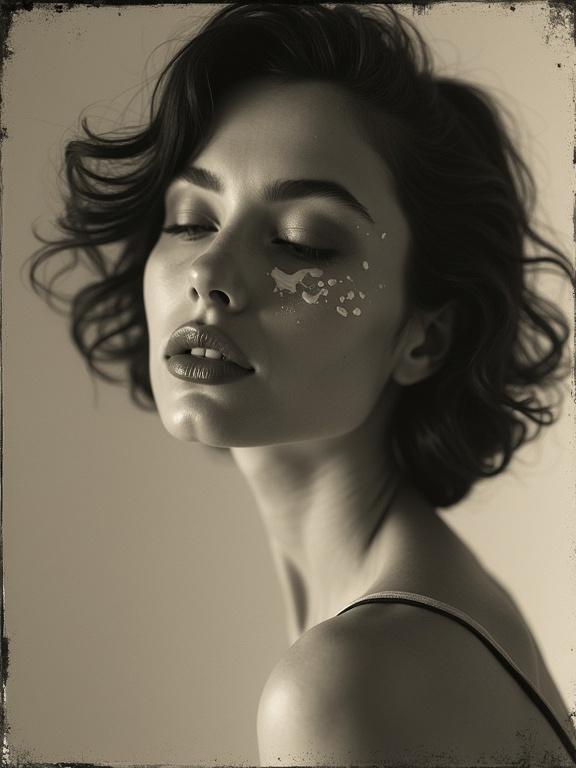 A vintage-style black and white portrait of a supermodel with yogurt splashed on lips. Soft lighting and low angle highlight features. Shot with a Hasselblad camera using Voigtländer lens. Artistic and detailed image.