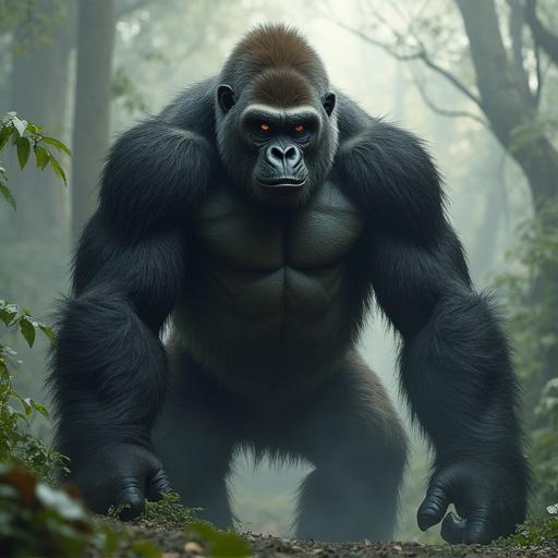 Image shows a half-man half-gorilla character standing in a lush green forest. The character has a muscular physique with prominent muscles and a powerful stance. The background features diverse plant life typical of a jungle environment.