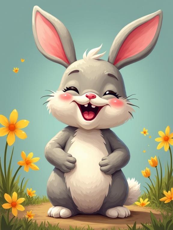 A cartoon-style depiction of a happy and laughing bunny standing among yellow flowers. The bunny has big ears and a round face with a big smile. Background is light blue with a grassy foreground.