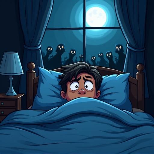 Person lying awake in bed at night. Wide-eyed with fear. Shadowy ghostly figures in the background. Dark room lit by moonlight. Existential anxiety depicted. Expressive cartoon style art.