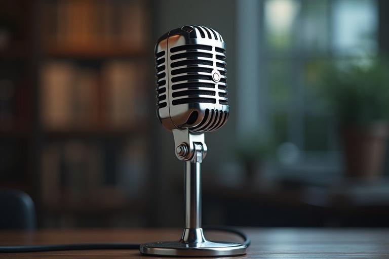 Microphone prominently displayed in focus. Retro stainless steel design with shiny surface. Bold and distinct features. Soft light in background. Environment appears cozy with a hint of greenery.