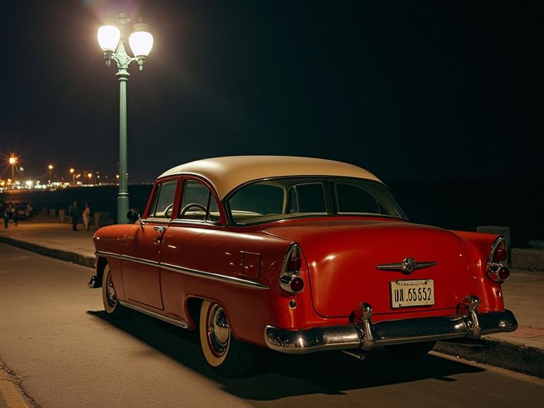 Old red American vintage car parked under a lamppost on the Malecón in Havana. Nighttime lighting creates a nostalgic atmosphere.