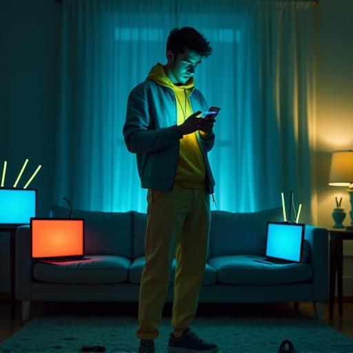 Young man stands in stylish turquoise and yellow clothes. He holds a smartphone and looks concerned. Dimly lit living room around him. Colorful internet routers in red blue and yellow look broken or malfunctioning. Flickering lights create a dramatic atmosphere. Deep shadows and moody hues add to the epic tone. The scene conveys a digital crisis.