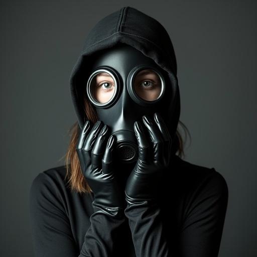 Portrait of a girl wearing a gas mask. The gas mask covers the entire face. The girl is dressed in black. The hair is covered by a tight black latex hood. She is wearing latex gloves and boots. The gloves cover the hands completely.