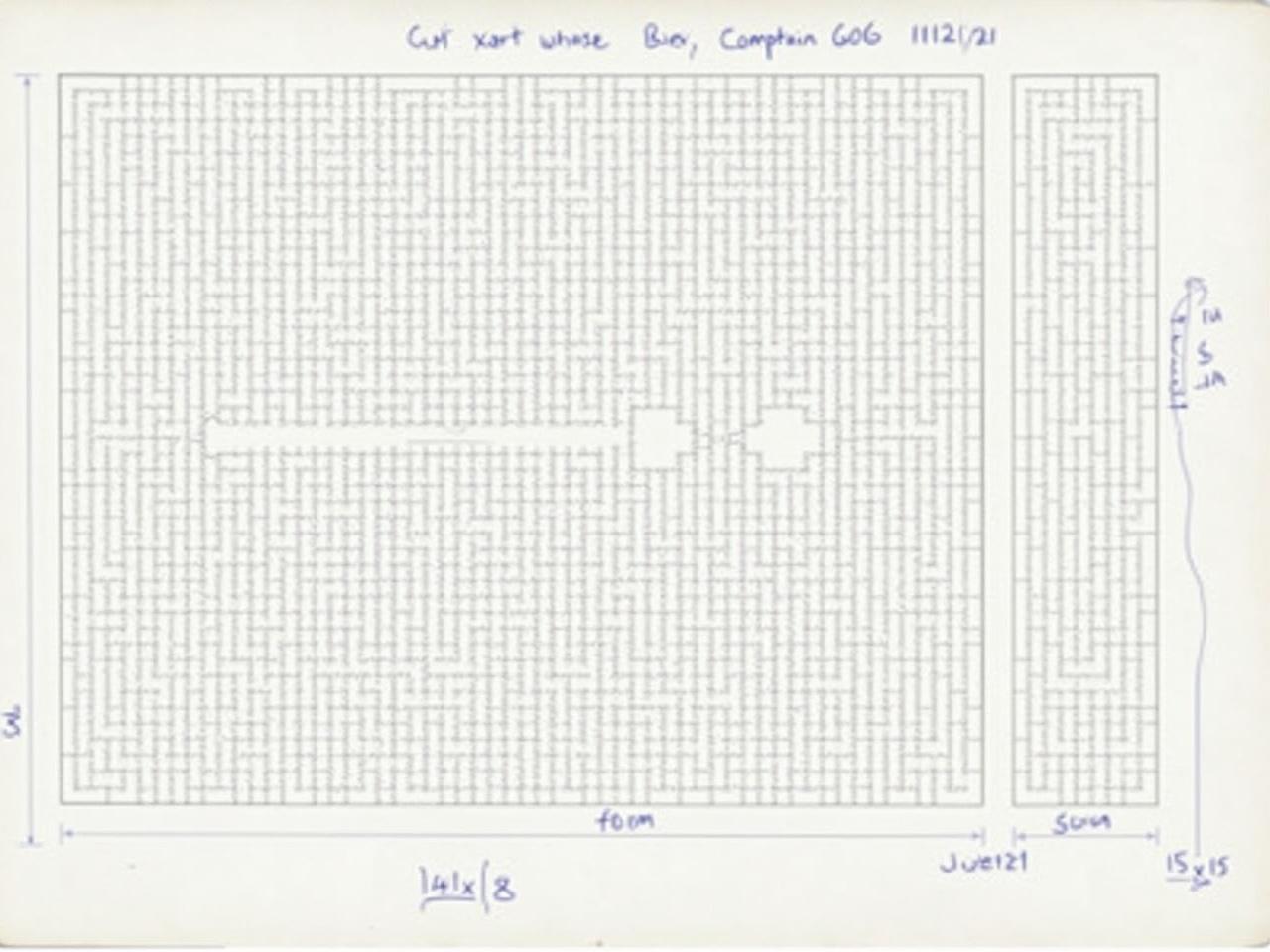 This image shows a seating chart for a specific venue, presumably for a performance or event. The layout includes clearly marked rows and sections, designated with dimensions in feet, such as 14x8 and 15x13. There is a central area that likely represents the stage or front of the venue, labeled '441.' Various sections are organized in a grid pattern, indicating the arrangement of seats. The annotations at the top include 'Captain 606' and a date (11/12/21), suggesting it is a record or plan related to an event on that day. The drawing appears to be a hand-drawn blueprint of the venue's seating arrangement.