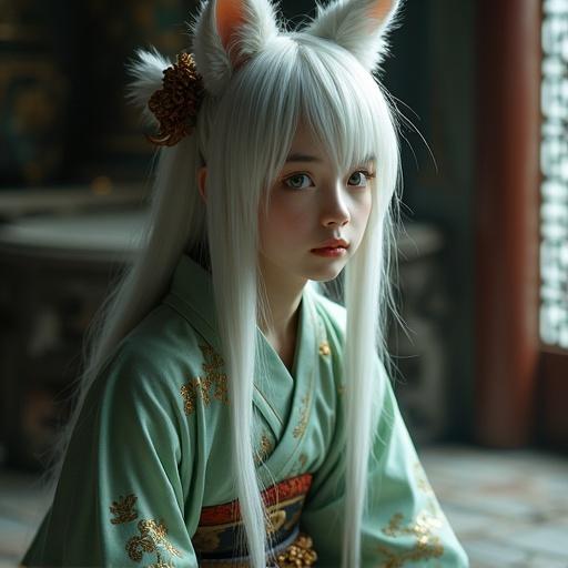 Chinese girl in traditional clothing with white hair and green eyes. Nine fox tails present. Sitting in a Buddhism temple. Dark ethereal atmosphere. Hyperrealistic photo in 4K resolution.