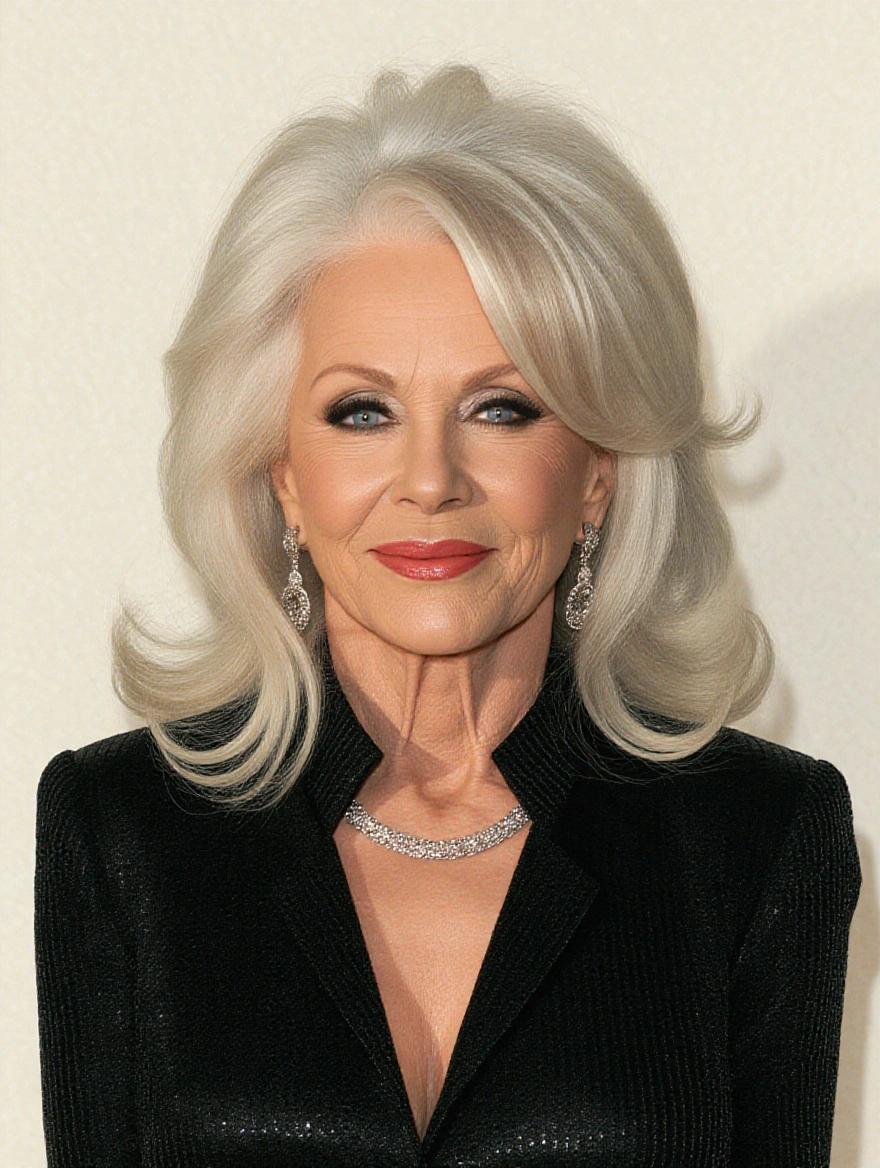 Mature woman with silver hair styled elegantly wearing jewelry and a black outfit. Her makeup is polished and she poses confidently.