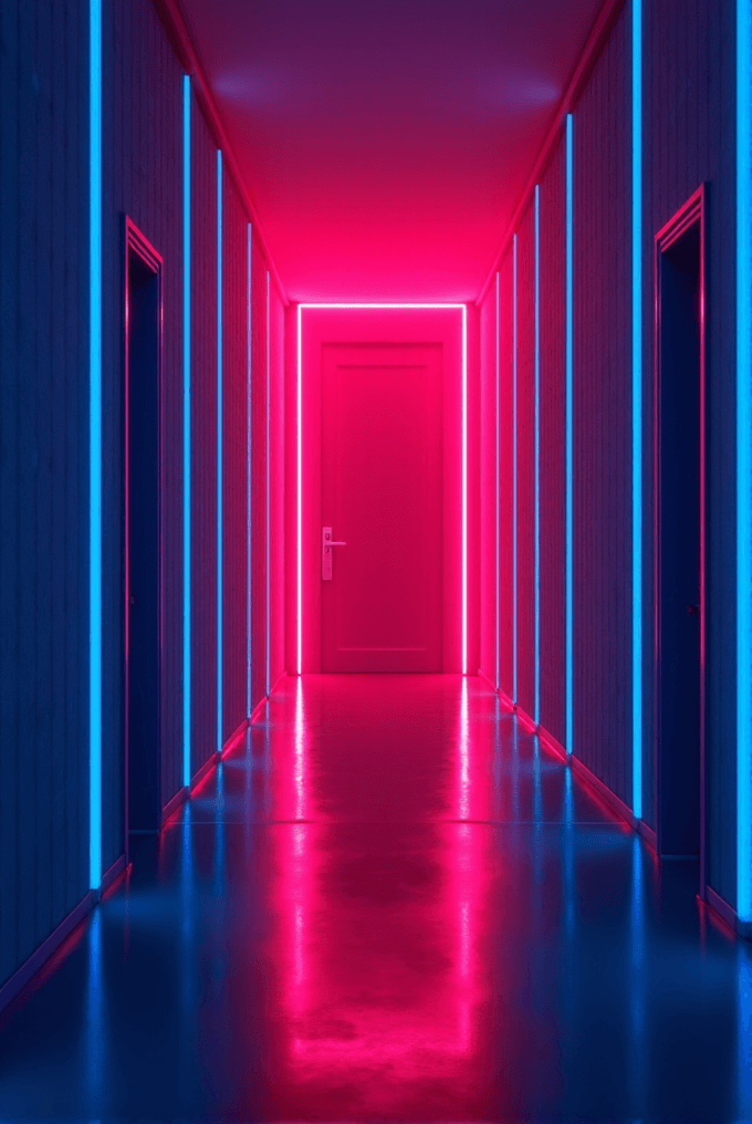 A futuristic corridor with vibrant neon blue and pink lights reflecting on glossy surfaces, leading to an illuminated pink door at the end.