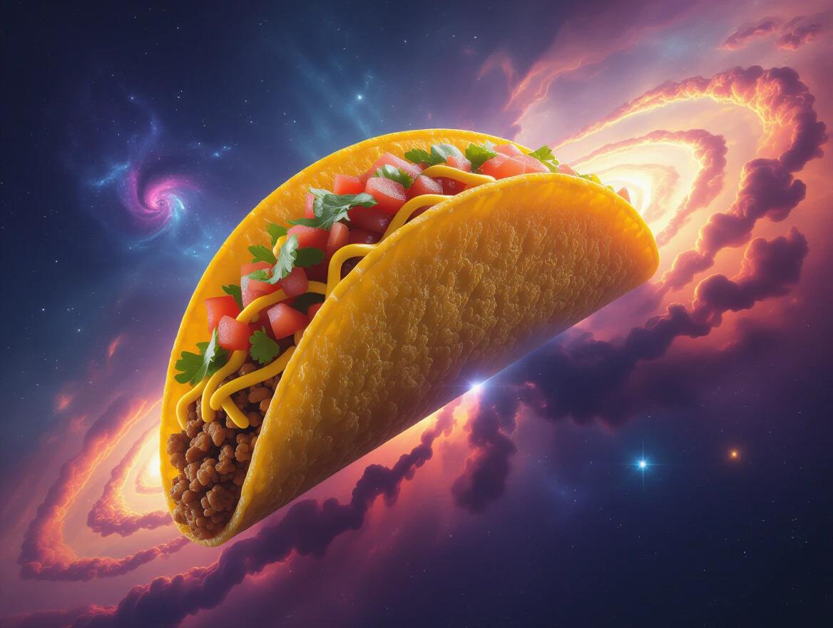 A colossal nebula swirls into the shape of a giant taco. Cosmic dust forms the ground beef. Shimmering stardust creates the salsa. The taco shell is made of pure energy. Digital art showing a vibrant cosmic landscape featuring food.