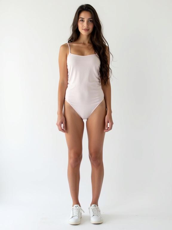 Full-body realistic photo of a 20-year-old woman with dark brown hair. She has medium skin tone and a neutral facial expression. Standing straight in a studio with a plain white background.