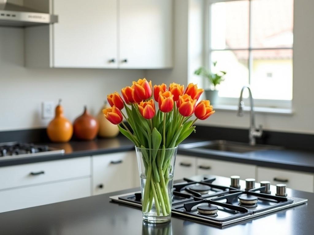 The image shows a modern kitchen featuring white cabinets and a sleek black countertop. There is a gas stove on the countertop with knobs and burners visible. A glass vase filled with vibrant orange and red tulips is placed prominently at the center of the counter, adding a splash of color. Behind the stove are two decorative objects shaped like gourds, highlighting an artistic touch to the decor. The kitchen is well-lit with natural light streaming in from a nearby window that also has a small plant by its side.