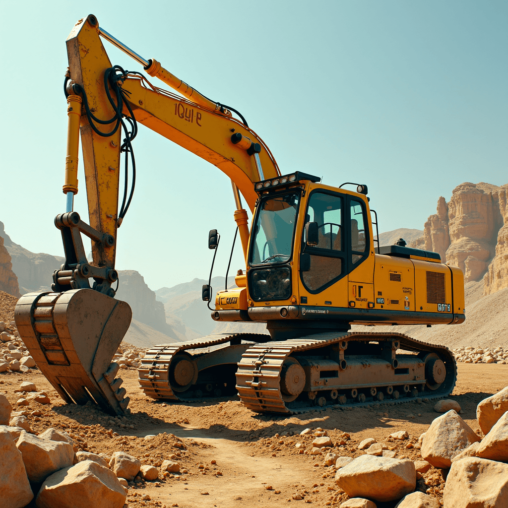 A small yellow construction vehicle with large wheels on rocky terrain.