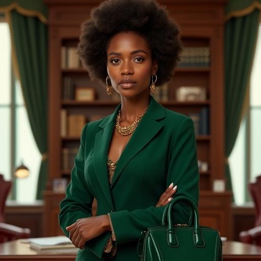 Detailed digital portrait of an elegant confident Afro-American woman in a luxurious office. Dark green custom blazer over lace top. Gold jewelry and structured green handbag. Strong expression with arms crossed. Bright room with large windows, decorated with green and gold curtains, bookshelves, and elegant decor.