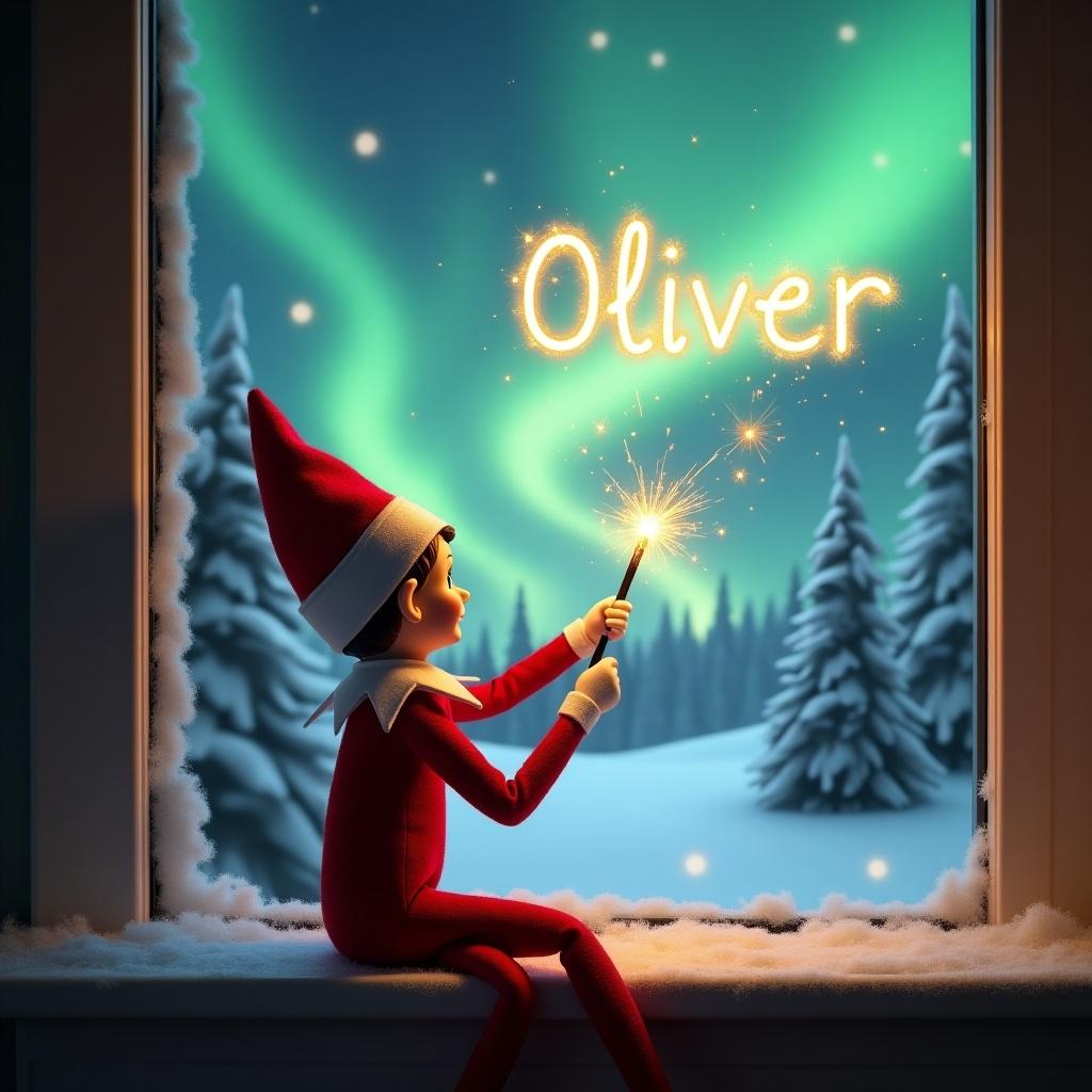 Adorable elf sitting on a window ledge. Elf dressed in a classic red outfit. Elf facing away from viewer. Looks up at northern lights in the sky. Holds magic wand creating sparkling sparks. Sparking spells out the name Oliver. Background features winter wonderland with snow-covered pine trees.