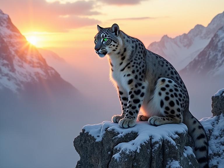 A majestic snow leopard sits on a jagged peak. The leopard has emerald eyes. It's overlooking a misty valley. The setting sun paints the sky in orange and purple. Snow covers the ground. The air appears crisp and cold. The leopard's fur sways in the wind. Captured in hyperrealistic style highlighting intricate details.