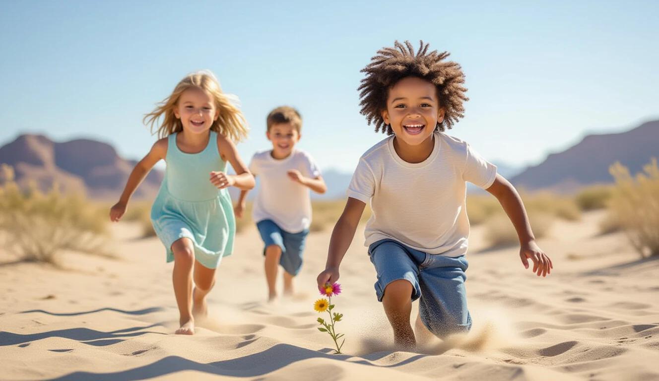 Children enjoy running on sand. They show wide smiles and playfulness. One child picks a flower from the ground. The desert serves as a beautiful backdrop. The sky is clear and bright. The shot is wide and vertical.