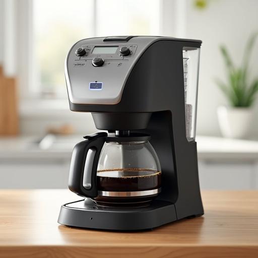 Modern coffee machine displayed on a wooden table. Clear glass coffee pot visible inside. Brightly lit scene highlights the machine's design. Background is minimalistic and blurred. Image is sharp and clean, showing buttons and coffee color.