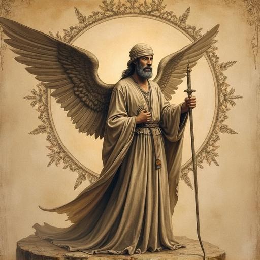 Illustration of a jinn in Islamic tradition depicted as an angel. The figure has large wings, is draped in flowing robes, holds a staff, and is framed by an ornate halo.