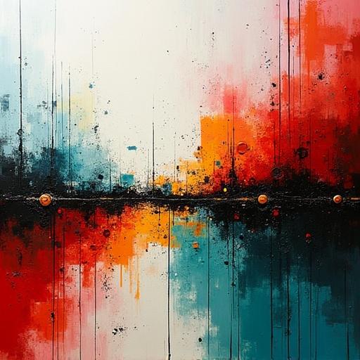 Acrylic painting with abstract background. Features white, blue, red, black, orange, and green colors. Displays horizontal and vertical axes with a vintage style. Suitable for art decoration ideas.