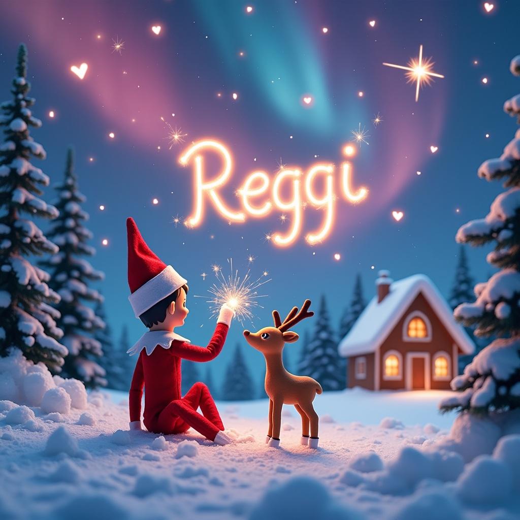 Elf on the shelf seated on snowy ground. Elf gazes upward. Elf holds shimmering magic wand. Name 'Reggi' written in sparkling letters. Magical northern lights in sky. Cozy cabin in background.