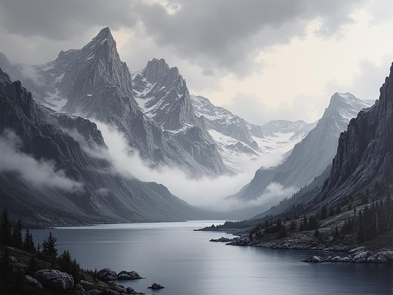 Dramatic landscape features towering peaks and rocky slopes. Storm clouds fill the sky above calm alpine lake reflecting surroundings. Vegetation and small islands line edges. Patches of snow on mountaintops. High contrast light and shadow creates depth. Majestic mountains dominate scene. Monochromatic tones evoke vastness and grandeur.