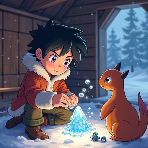 A boy creates ice toys in a warm wooden cabin. The cabin is in a snowy forest. He has purple eyes and black hair. Small Pokémon gather around him. Soft glow from a fireplace lights the scene. Snow falls outside.