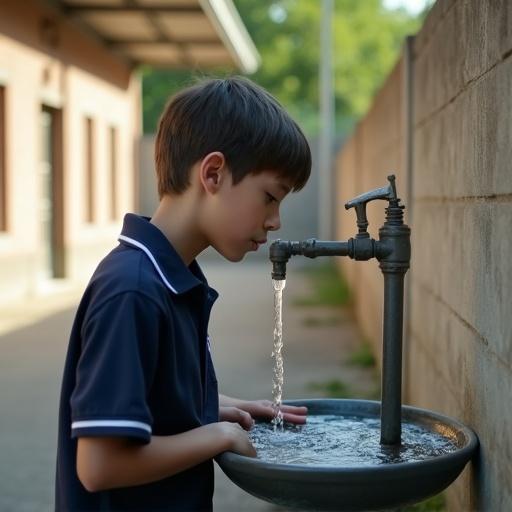 A side-profile image of a teenage boy drinking from a school water fountain. The boy wears a navy-blue school uniform shirt. He leans in as he holds one hand under the stream of water. The water fountain is in a schoolyard beside a concrete wall and under a metal canopy. It is around 5 PM with warm afternoon light and part of the fountain in shadow. The scene conveys an old school atmosphere. The visual style is realistic with natural lighting and textures.