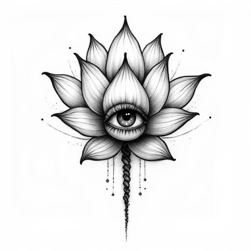 Tattoo design depicts a Lotus flower opening to reveal a single all-seeing eye. Intricate black linework and subtle dot shading. Transparent background.