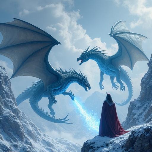 Two dragons engaged in a fierce battle over snowy mountains. Wizards stand on the ground observing the fight, preparing to cast powerful ice spells.