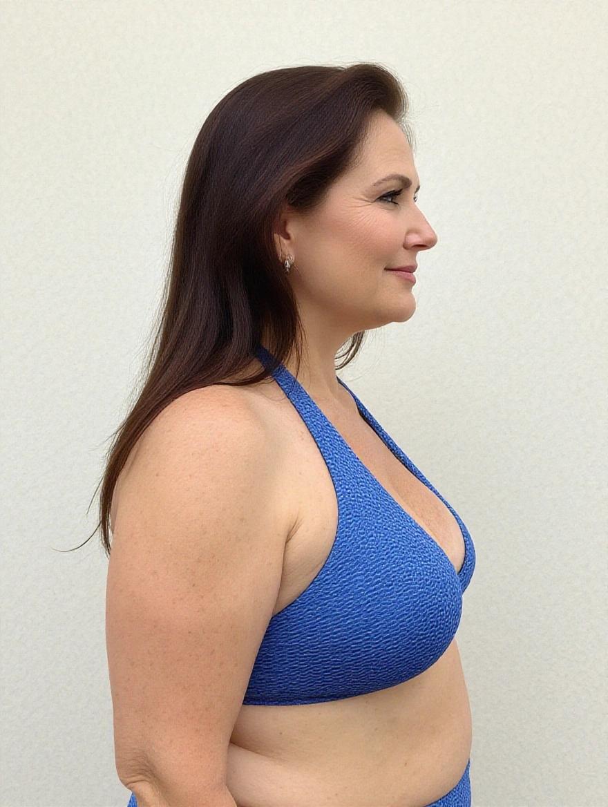 Mature woman wearing a blue bikini viewed from the side. She has long hair and a chubby build. The image captures her side profile looking to the right.