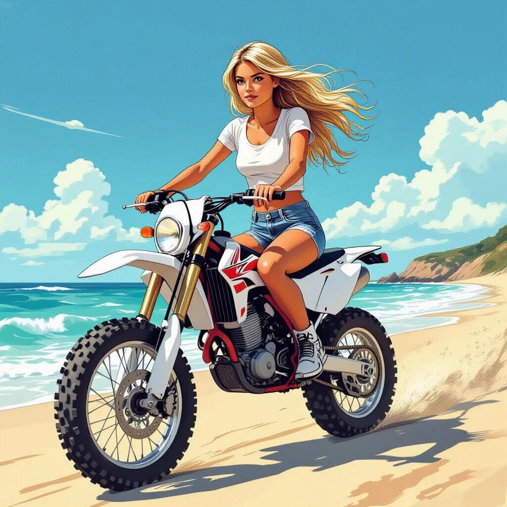 Realistic comic style illustration of a girl on a beach. She rides an offroad motorcycle with blonde hair blowing in the wind. Wearing a white t-shirt and denim shorts. The scene captures bright sunny skies and ocean waves. The girl rides straight towards the viewer.