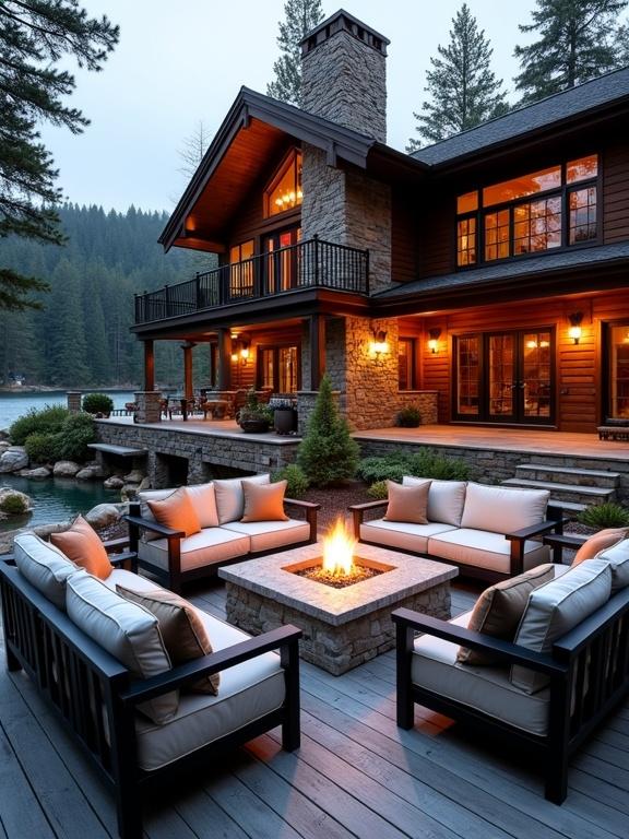 Lakeside log cabin-style home featuring an outdoor patio area with a fire pit and seating. The patio is arranged for relaxation, surrounded by nature.