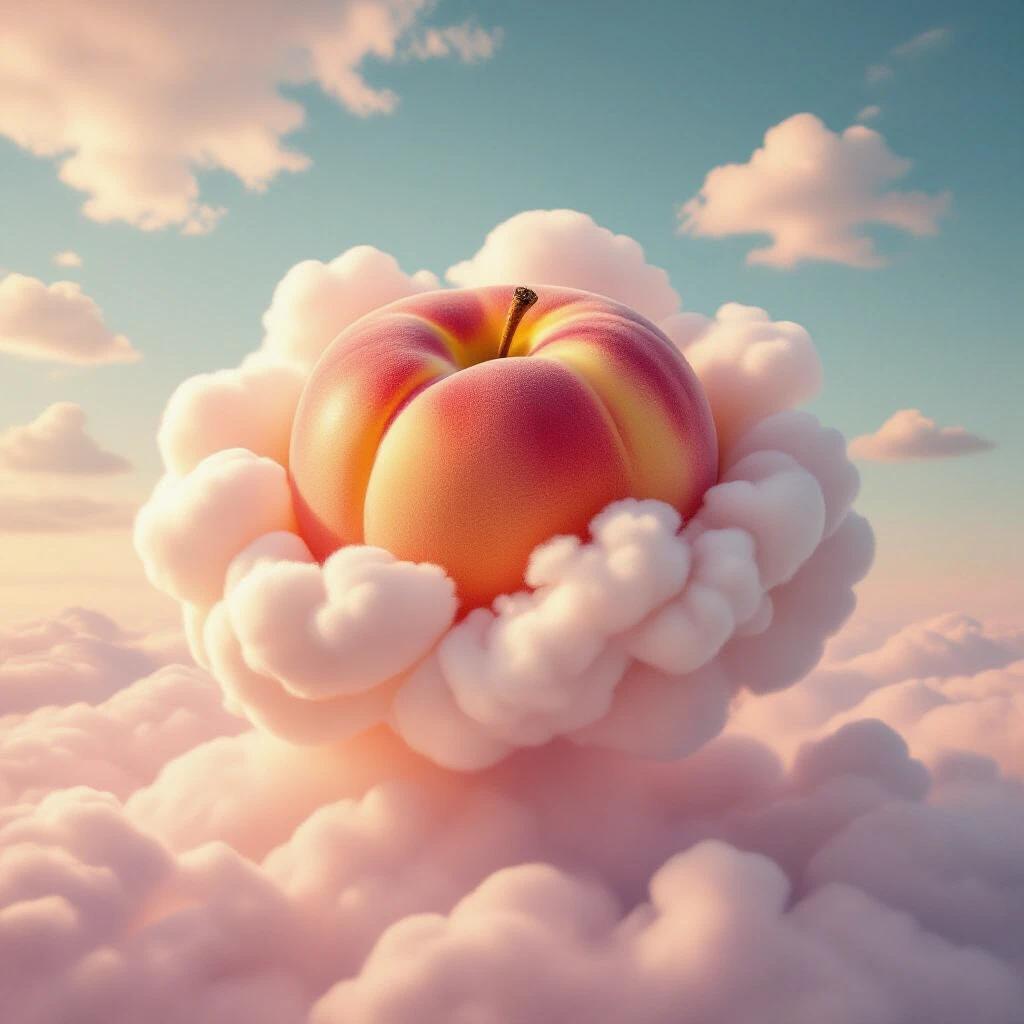 Surreal peach appears as soft cloud puff with pink-orange gradient. Skin resembles cotton texture, evoking dreamlike surrealism. Vision of vapor instead of velvet.