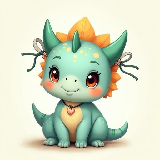 A cute small dinosaur character with a light teal body and pastel yellow spots. Features two pigtails made of its head crest, tied with ribbons and a flower. Expressive eyes and a heart charm necklace. Girly aesthetic digital painting.