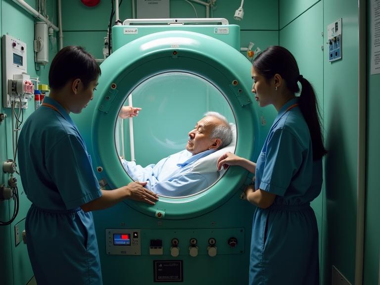 Group of staff interacting with a capsule machine containing an elderly man. The elderly man appears relaxed and asleep. The capsule features multiple wires and buttons, located within a medical environment.