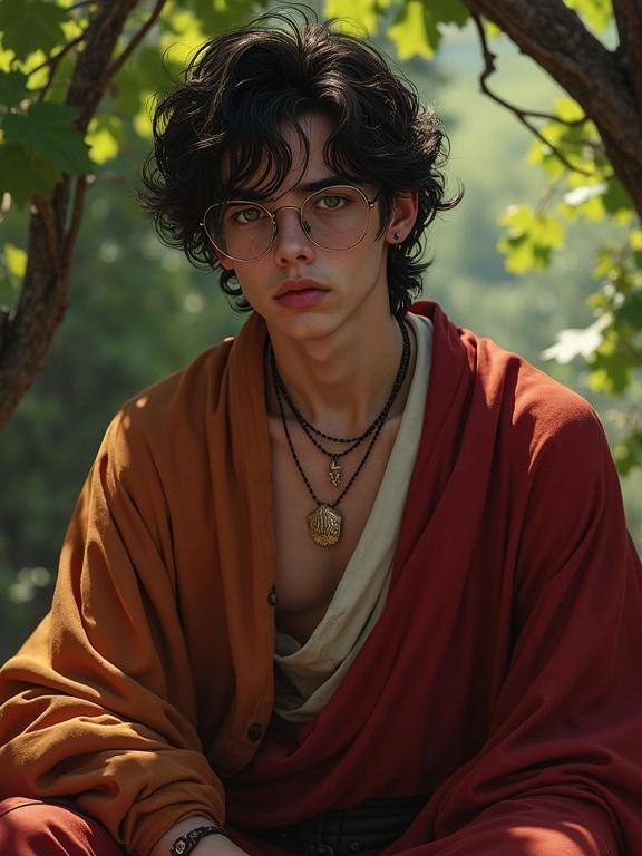 A young man with round glasses wears robes and displays a worried, pensive expression outdoors surrounded by vines in a style akin to Etam Cru.