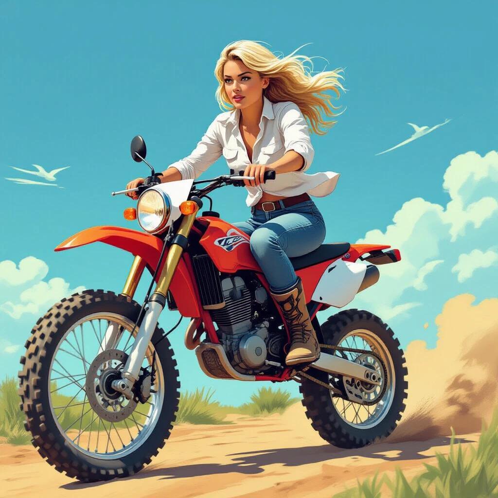 A young woman rides an off-road motorcycle doing a wheelie. She wears a knotted white shirt, ripped denim shorts, and black boots. The scene is bright with strong colors and a clear sky. The perspective shows her fully from the side. Her hair is styled in a punk crew cut with one side shaved. The mood conveys confidence and freedom.