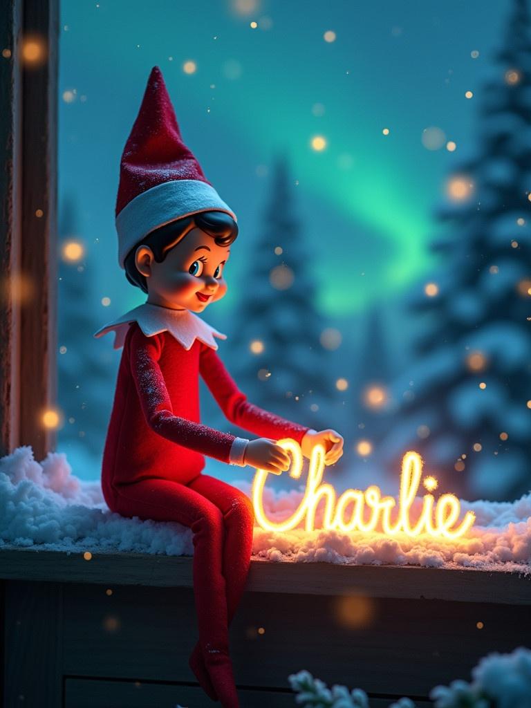 Whimsical scene shows an elf on the shelf writing the name Charlie in the snow. The elf wears a red and white outfit. Magical lights create an enchanting atmosphere. Background features snow-covered trees and northern lights. Name is in glowing cursive. Image captures the spirit of Christmas and the joy of children.