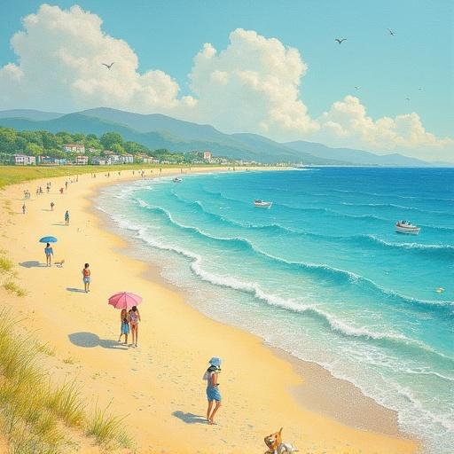 Calm beach scene in the style of Georges Seurat's pointillism. Features people walking with umbrellas, a dog chasing waves, and distant boats. Rendered with colorful dots. Dappled light and playful geometry. Pastel colors create a sunny mood.