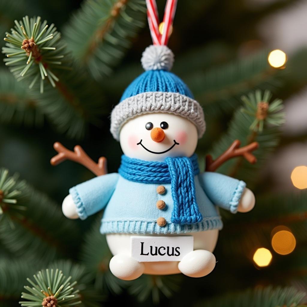 Snowman ornament hanging on a Christmas tree. Ornament features a blue hat, blue scarf, and a jumper. Name plaque reads Lucas.