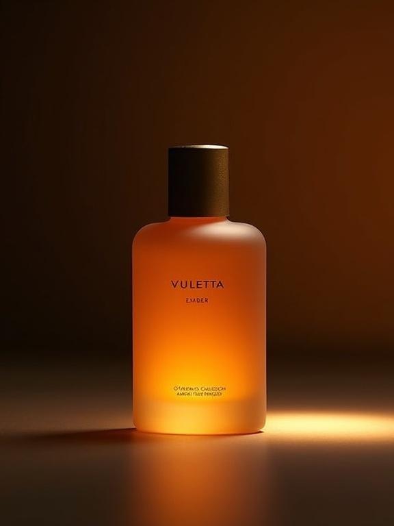 Warm frosted amber niche perfume bottle displayed in a studio setting. The bottle has 'VULETTA' in modern minimalist font at the top in brushed gold. Below it, 'EMBER' is presented in another clean font, with O'Háodha Collection by Aaron Terence Hughes elegantly printed in soft copper. The bottle is topped with a brushed gold cap. The background consists of a gradient from rich amber to dark charcoal, illuminated by a soft spotlight from above, creating a warm ember-like glow. Overall, the presentation is minimalist, intimate, and refined.