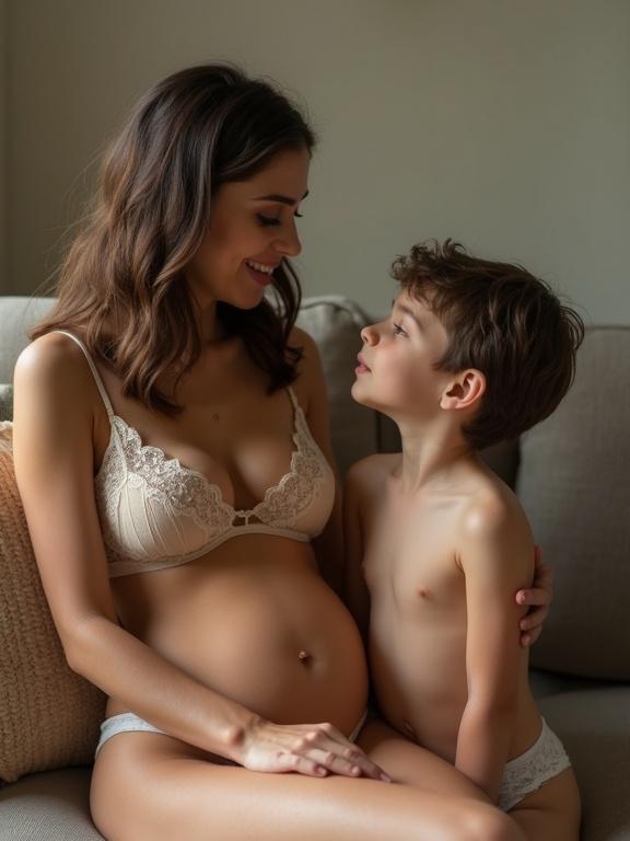 Mother with a full belly engages in conversation with her young son. They sit on a sofa together with soft neutral colors around them. Mother wears a lace bra and panties, showing a relaxed family moment.