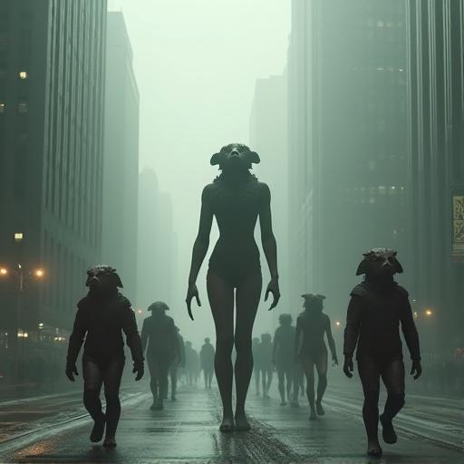 Grotesque towering beings march in unison down a slick street. Surrounding skyscrapers loom in thick fog. Iconic New York-style buildings have Art Deco crowns. Creatures move with unstoppable force, casting deep shadows. Larger giants peer from misty mountains. Scene has Marvel-level cinematic energy and surreal awe.
