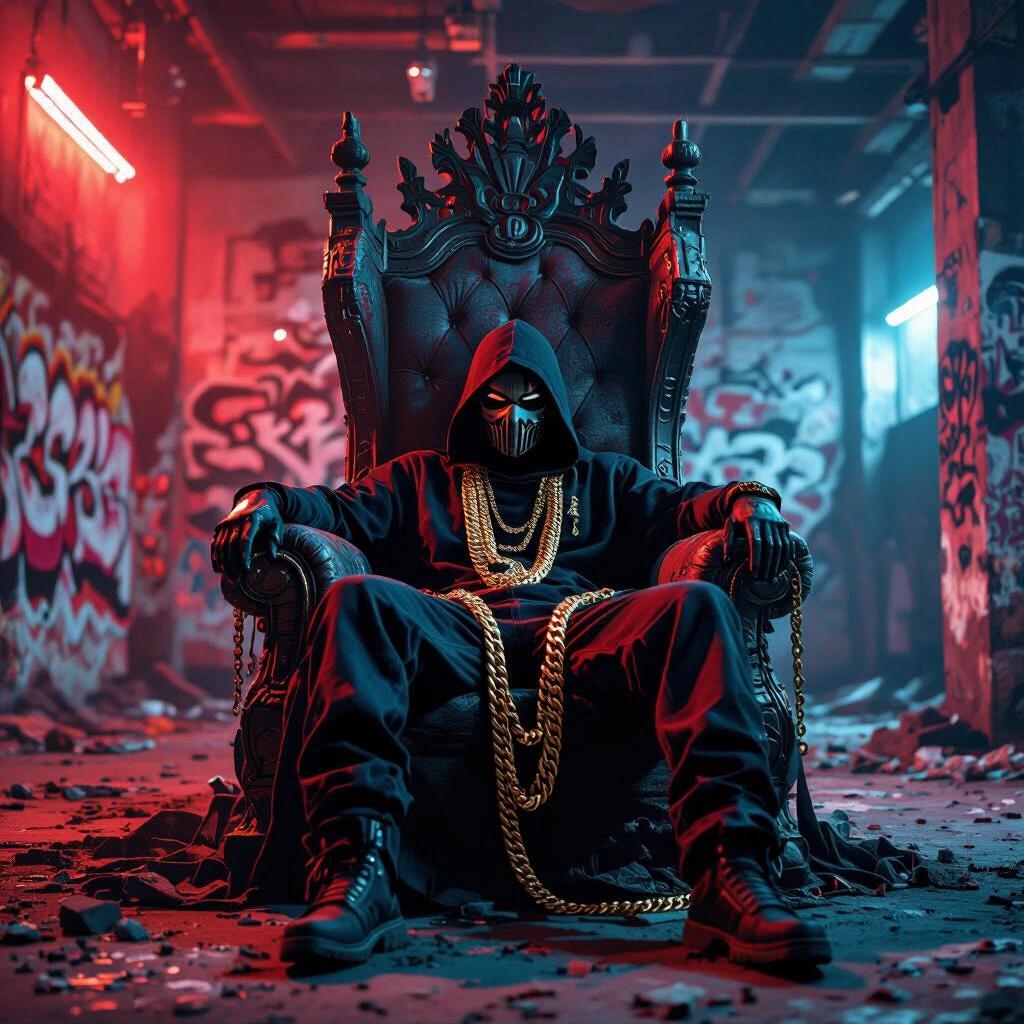 Crumbling throne in a graffiti-covered warehouse with a masked figure lounging sideways. Gold chains draped over the arms of the chair. Ambient red and blue lighting creates a gritty texture and a sense of powerful silence.