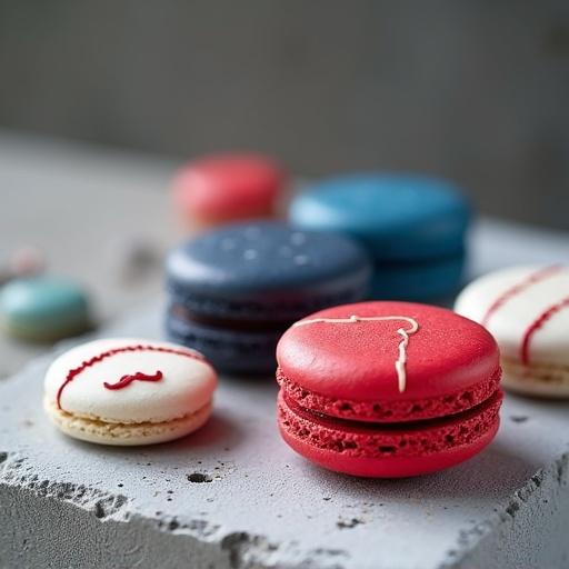 High-resolution 4K photograph of macarons on a light grey concrete slab. Bold colors including dark blue red and white. Decorated with edible lines resembling baseball seams and tiny edible mustaches. Bright diffused outdoor lighting for a clean energetic feel.