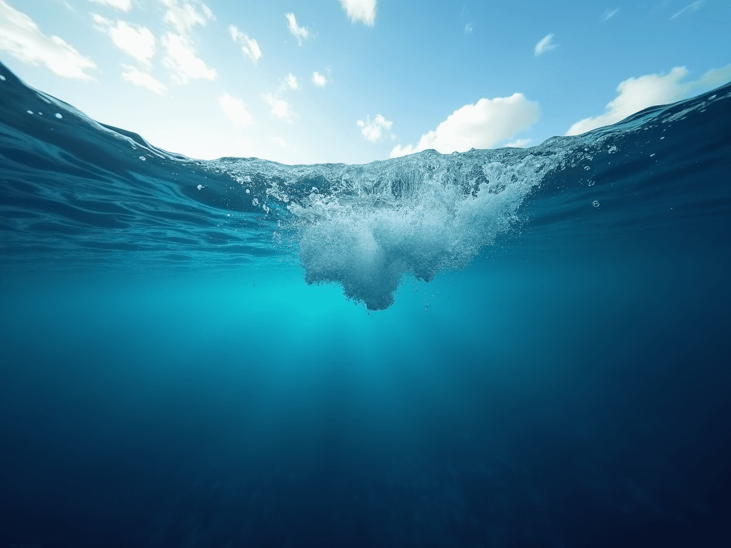 A dramatic underwater view capturing a splash as something breaks the ocean's surface, with sunlight filtering through the clear blue water.