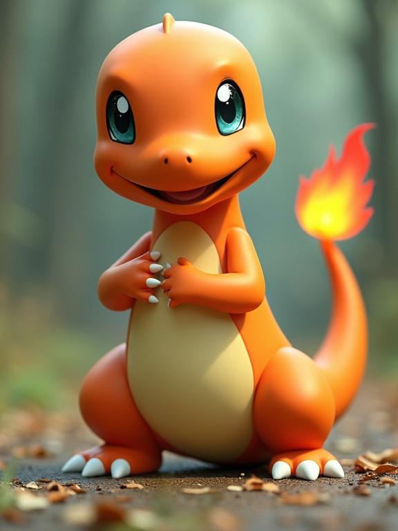 Charming 3D cartoon of a character with orange skin, blue eyes, and a flame-shaped tail in a forest setting.