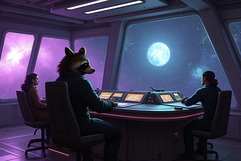 An ultra-modern spaceship bridge features a raccoon captain. Windows show a purple nebula and crew members work at consoles. A solar system hologram is at the center.