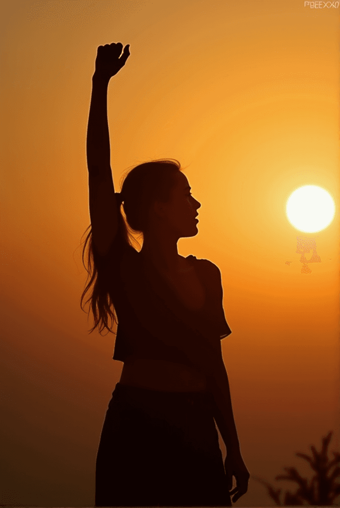 A silhouetted person with an outstretched arm stands against a vibrant orange sunset.